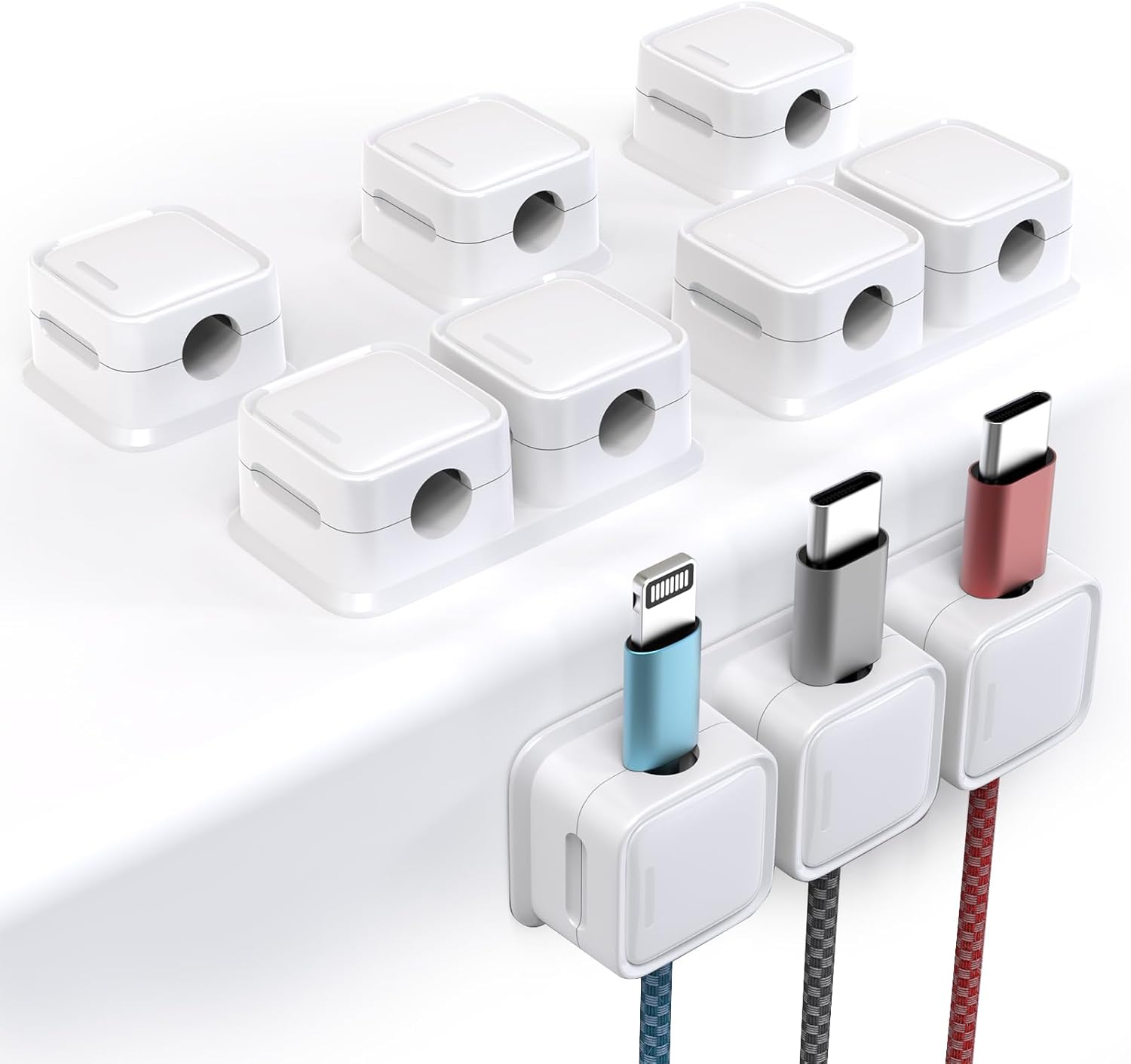 Smofish Kabelhalter Magnetisch, 6 Stück Kabelclips(10 Schlitze), Verstellbare Kabel Organizer Kabelmanagement Selbstklebend Kabelhalter Geschenk für Schreibtisch, Nachttisch, USB, Ladekabeln (Weiß)